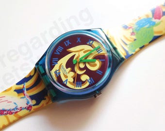1990s 1991 Swatch watch 'Perroquet' GN119 34mm, colorful birds and curlicue graphics, light scratches, otherwise good unworn condition