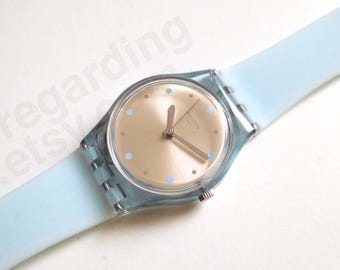 Swatch watch 'Anisette' LL116, 25mm ladies kids SMALL size, dots dial pale pastel blue silicone, very good gently used condition, no box