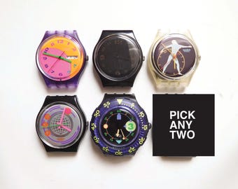 Swatch watch heads, pick 2, all working, condition and size vary, 34mm standard 38mm Scuba, black purple