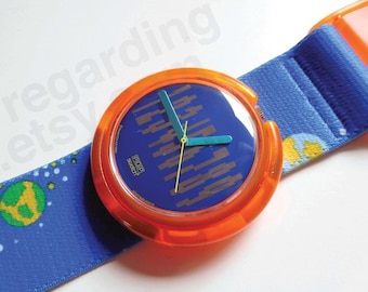 1990s 1990 Pop Swatch watch PWR106 'Sputnik' 39mm, space planets pixelated graphics, pre-owned excellent condition, appears unworn, no box