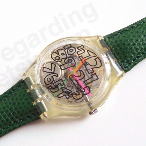 1990s 1991 Swatch watch 'Scribble' GZ124 transparent 34mm, green leather strap, good vintage condition