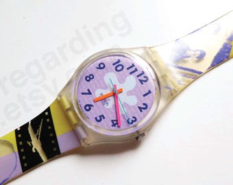 1990s 1997 Swatch Watch 'metrica' GK263 34mm, Yellow Blue Tape