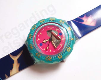 1990s 1990 Swatch watch Scuba 'Happy Fish' SDN101 38mm, visible mechanism turquoise pink, good used condition, no box