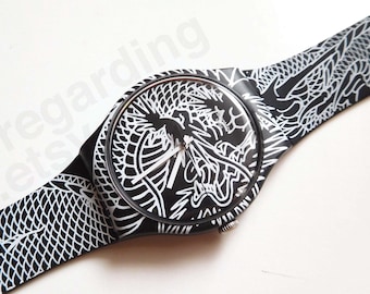 Swatch watch 'Draconem' SUOZ150, LARGE 41mm case diameter, Tin-Tin tattoo artist dragon, good unworn condition, ticks loudly, no box