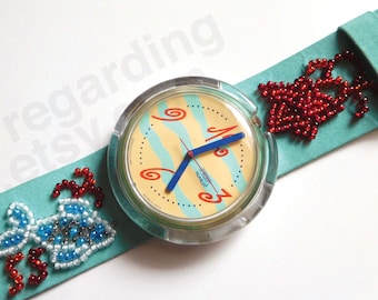 1990s 1991 Pop Swatch watch PWK157 'Coquillage' 39mm, turquoise beaded strap, good used condition, normal crystal scratches