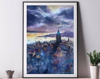 Istanbul Galata Tower Watercolor Art Print