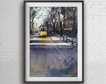 Milan's old tram watercolor painting art print