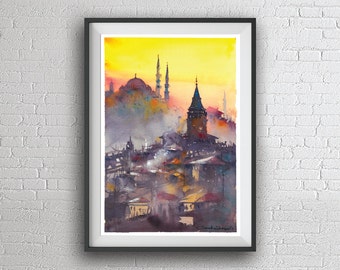 Istanbul Galata Tower watercolor painting art print