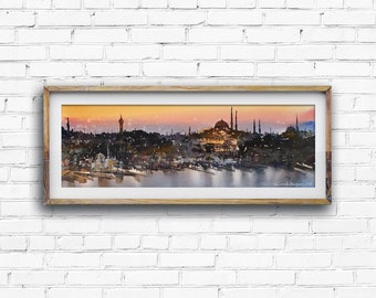 Istanbul night panorama watercolor art print