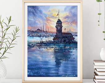 Istanbul Maiden Tower Watercolor Art Print