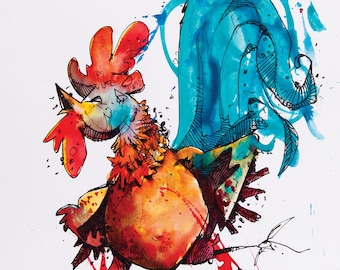 Rooster watercolor painting art print