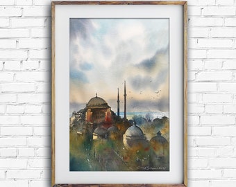 Istanbul Hagia Sophia watercolor painting art print.