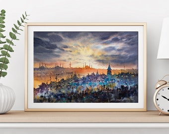 Istanbul Galata Tower Landscape Watercolor Artprint