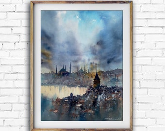 Istanbul Galata Tower watercolor painting art print