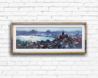 Istanbul Galata Tower Panorama watercolor art print