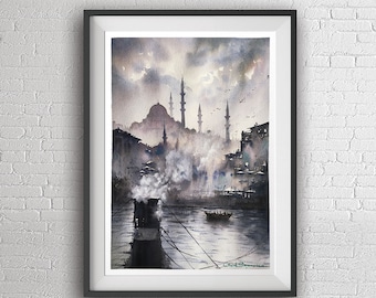 Istanbul Suleymaniye Mosque watercolor painting art print