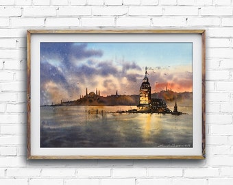 The Maiden's Tower in Istanbul watercolor artprint