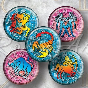 Grafiki zodiaku 1 calowe koła Cyfrowy arkusz kolażu kaboszon do pobrania do wydrukowania okrągłe 1" obrazy nakrętek do butelek do zawieszek 30 mm 25 mm 1,25" 1,5"
