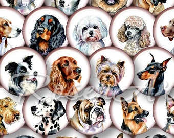 Aquarel honden 1 inch rond digitaal collageblad 1" kroonkurkafbeeldingen voor hanger 30 mm 25 mm 1,25" 1,5" cirkels afdrukbare download cabochon