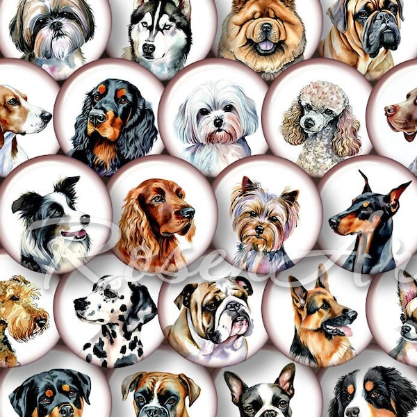 Watercolor Dogs 1 inch round Digital Collage Sheet 1" bottle cap images for pendant 30mm 25mm 1.25" 1.5" circles printable download cabochon