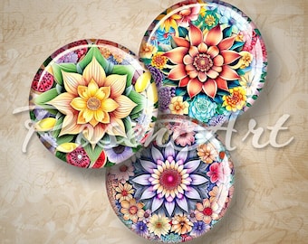 Blommandala 2,5 cm cirklar för hängen 2,5 cm bilder på flaskkorkar 25 mm 30 mm 3,25 cm 3,5 cm rund utskrivbar nedladdning cabochon digitalt collageark
