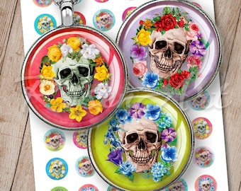 Sugar Skulls & Roses 1 inch circles bottle cap images Halloween Digital Collage Sheet 30mm 25mm 1.25" 1.5" round printable download cabochon