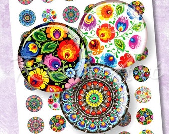 Arte popular imagens de tampa de garrafa de 1 "para pingentes mandala redonda Folha de colagem digital círculo de 1 polegada 30 mm 25 mm 1,25" 1,5 "cabochão para download para impressão