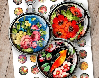 Folk Art bottle cap images for pendants, earrings 20mm, 18mm 16mm, 14mm 12mm round Digital Collage Sheet circles printable download cabochon