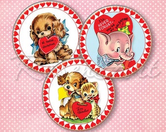 Retro Valentine Digital Collage Sheet cabochon 1 inch circles love 1" bottle cap images 25mm 30m 1.25" 1.5" round printable download pendant