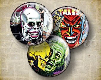 Imágenes de tapas de botellas de cómics de terror de 1 pulgada, colgantes circulares de 1 pulgada para descargar, arte de 30 mm, 25 mm, 1.25" y 1.5" redondos imprimibles, hoja de collage digital de Halloween