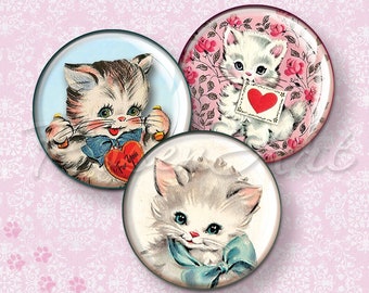Retro Kittens & Cats 1" bottle cap images 1 inch circle Digital Collage Sheet cabochon download printable round 30mm 25mm 1.25" 1.5" jewelry