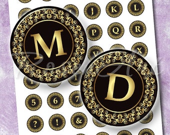 Ornament Letters Alphabet 1" bottle cap images 1 inch circles Digital Collage Sheet 30mm 25mm, 1.25", 1.5" round printable download cabochon