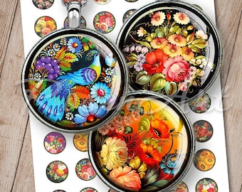 Arte Popular - Folha de Colagem Digital Floral com Círculos de 1 Polegada para Impressão - Download Disponível - Cabochão Redondo de 1 Polegada - Imagens para Pingente - 30 mm, 25 mm, 1,25" e 1,5"
