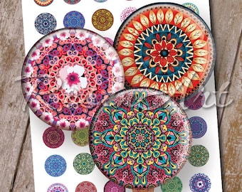 Mandala Digital Collage Sheet download cabochon 1 inch circle kaleidoscope 1" bottle cap images 25mm 30mm 1.25" 1.5" round printable pendant