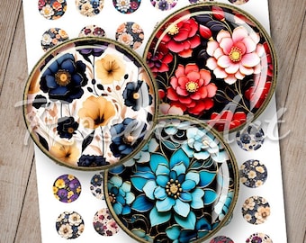 Floral Art round digital collage sheet 20mm, 18mm 16mm, 14mm 12mm printable circles instant download cabochon bottle cap images for earrings