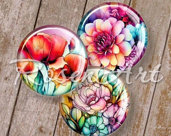 Floral Art round digital collage sheet 20mm, 18mm 16mm, 14mm 12mm printable circles instant download cabochon bottle cap images for earrings