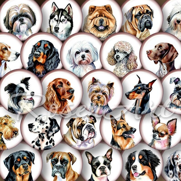 Watercolor Dogs digital collage sheet 20mm 18mm 16mm 14mm 12mm download cabochon round printable circles bottle cap images for charm pendant