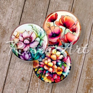 Arte Floral Círculos de 1 polegada, 30 mm, 25 mm, 1,25", 1,5" redondo para impressão, cabochão, folha de colagem digital, imagens de tampas de garrafa de 1" para pingentes