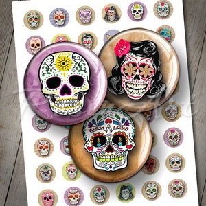 Sugar Skull 1&quot; bottle cap images 1 inch circles Halloween Digital Collage Sheet 25 30mm 1.25&quot; 1.5&quot; round printable download cabochon jewelry