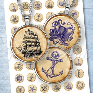 May include: A set of 24 round, vintage-style, paper-like, printable images featuring nautical themes. The images include an octopus, an anchor, a ship, a compass, a lighthouse, a starfish, a seashell, a bottle, a sun, a sailor, and a wheel. The images are in shades of blue, brown, and white.