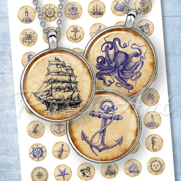 Anchor Digital Collage Sheet nautical bottle cap images pendant art ship printable circles round download cabochon 20mm 18mm, 16mm 14mm 12mm