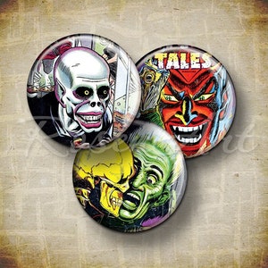 Horror Comics 1&quot; bottlecap images, 1 inch circles download pendant art 30mm 25mm 1.25&quot; 1.5&quot; round printable Halloween Digital Collage Sheet