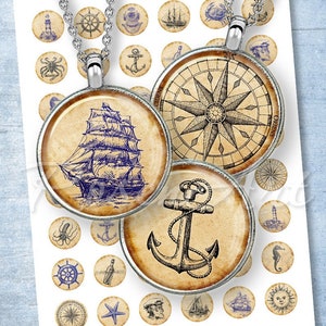 Nautical Digital Collage Sheet anchor 1&quot; bottle cap images ship 1 inch circle printable download cabochon 30mm 25mm 1.25&quot; 1.5&quot; round pendant