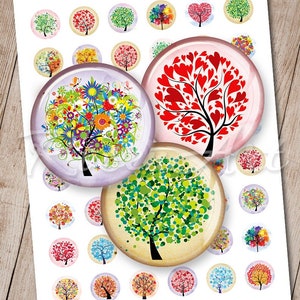 Puede incluir: Una hoja de 24 pegatinas redondas con diseños de árboles coloridos y caprichosos. Cada pegatina tiene un diseño de árbol diferente con varios colores, patrones y texturas. Los árboles están rodeados de un fondo blanco.
