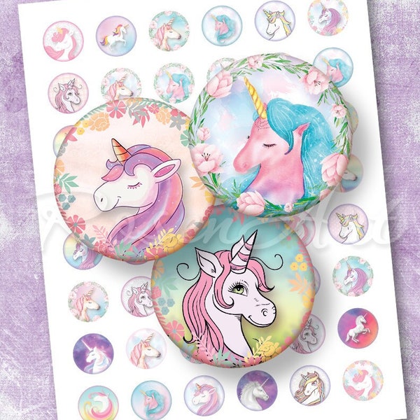 Unicorns bottle cap images for pendants 1 inch circles rainbow Digital Collage Sheet cabochon download printable round 30mm 25mm, 1.25" 1.5"