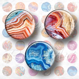 Puede incluir: Tres cabujones redondos, como de vidrio, con patrones de ágata en tonos naranja, rojo, azul y blanco. Los cabujones están rodeados de diseños más pequeños y similares en varios colores. El tema general son las joyas de piedra natural.