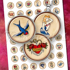 Arte de tatuagem retrô imagens de tampa de garrafa de 1 "para pingente círculo de 1 polegada Folha de colagem digital cabochão 30 mm 25 mm 1,25" 1,5 "redondo para impressão