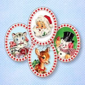 Retro Christmas Digital Collage Sheet 30x40mm 22x30mm 18x25mm 13x18mm oval images for pendants, cute Santa printable download cabochon charm