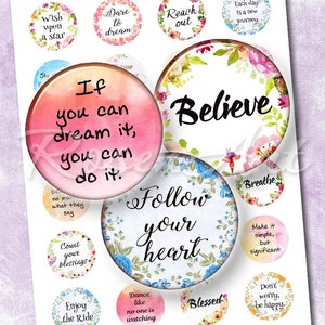 Inspirierende Zitate digitale Collage Druckbogen Bild Flaschenverschluss Motivierende Sprüche 1 Zoll rund 30 mm 25 mm 1,25 "1,5" Kreis printable Download