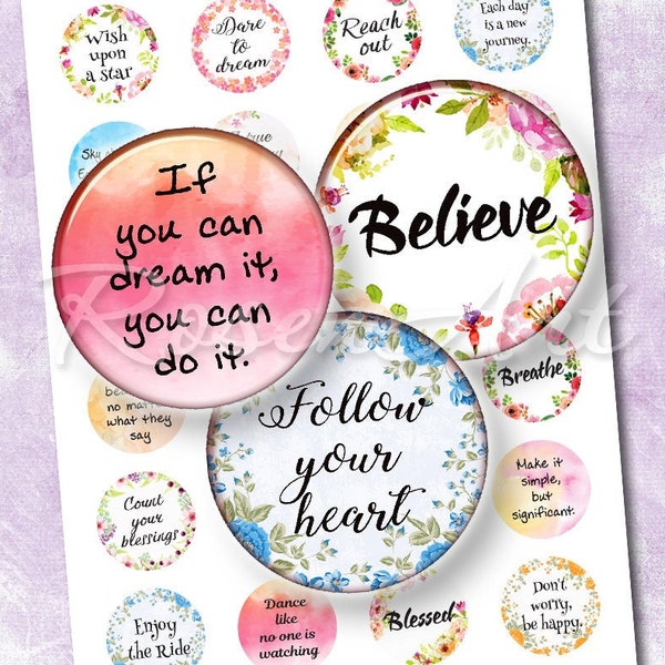 Inspirational quotes digital collage sheet bottlecap image Motivational sayings 1 inch round 30mm 25mm 1.25" 1.5" circle printable download